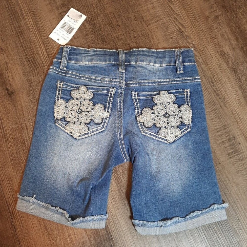 Vanilla Star Girls Jean Shorts Size 7 Raw Edge Cut Off Denim Adjustable